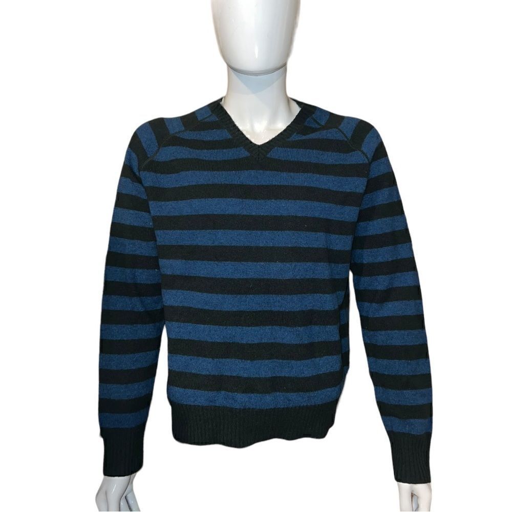 J. Crew Mens Lambs Wool Sweater Blue Green Striped Tight Knit Large EUC